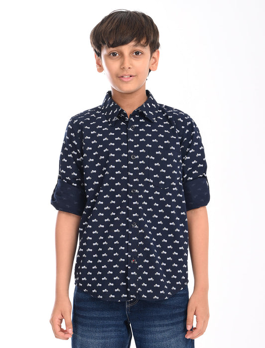 Zion Boys Cotton Half Sleeve Shirt with All Over Ditsy Print - Navy