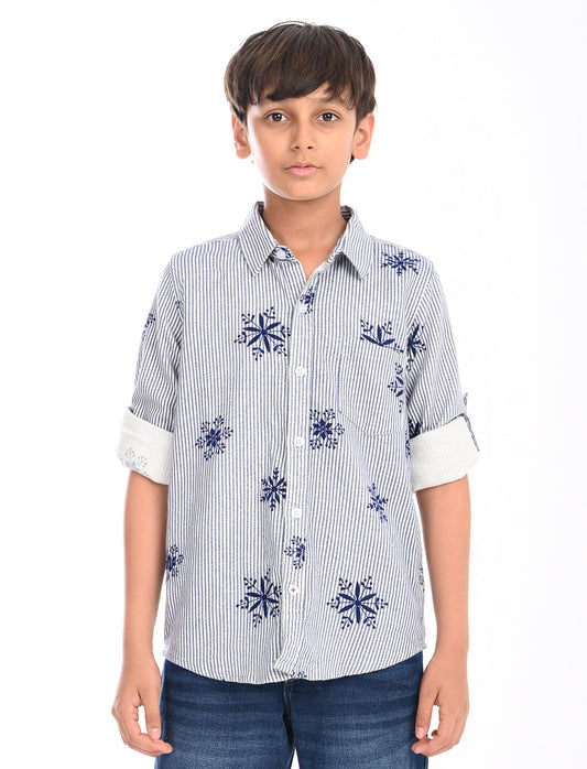 Zion Boys Cotton Half Sleeve Shirt with Striped print with floral motives - Blue