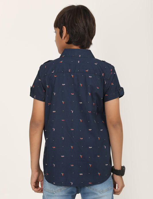 Zion Boys Cotton  Half Sleeve Shirt with Boat Print - Navy