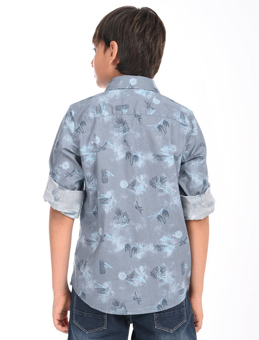 Zion Boys Cotton Full Sleeve Shirt with Abstract Floral  Print - Grey