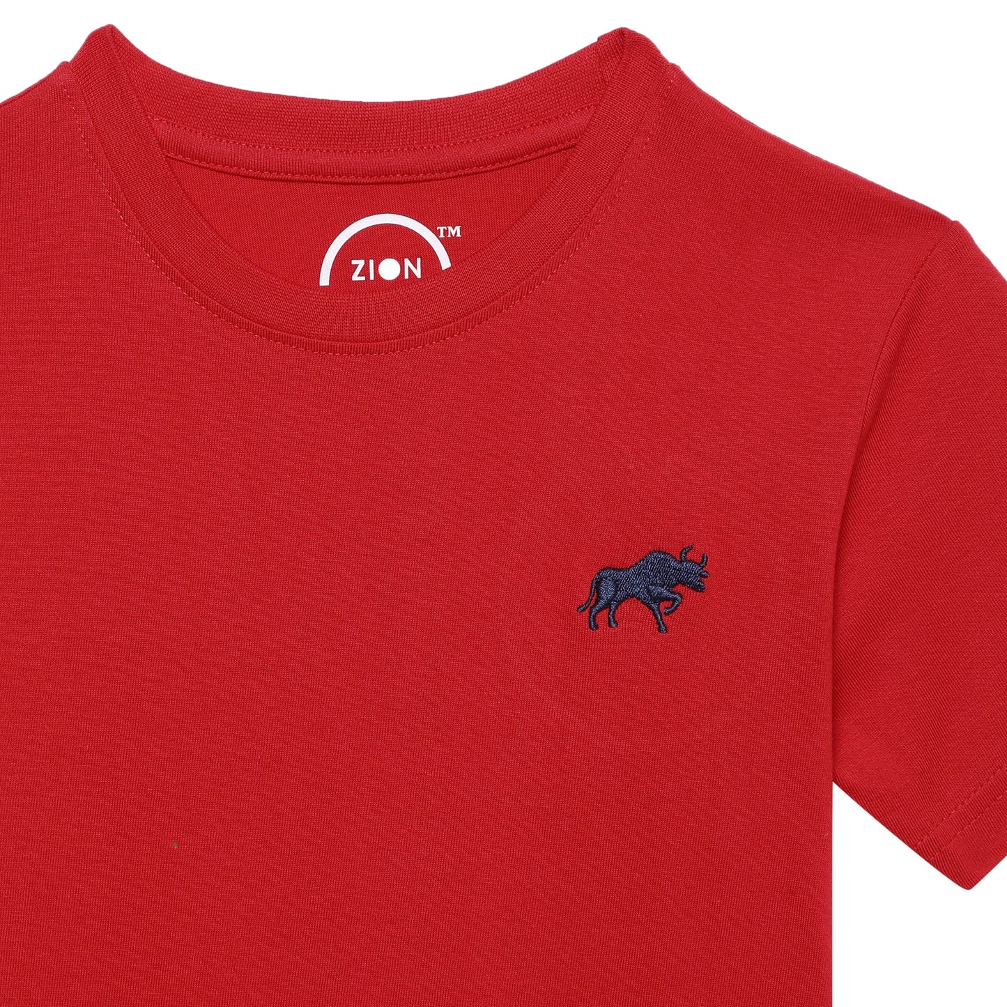 Zion Boys Crew Neck T shirt with Bull and Numeric embroidery-Red