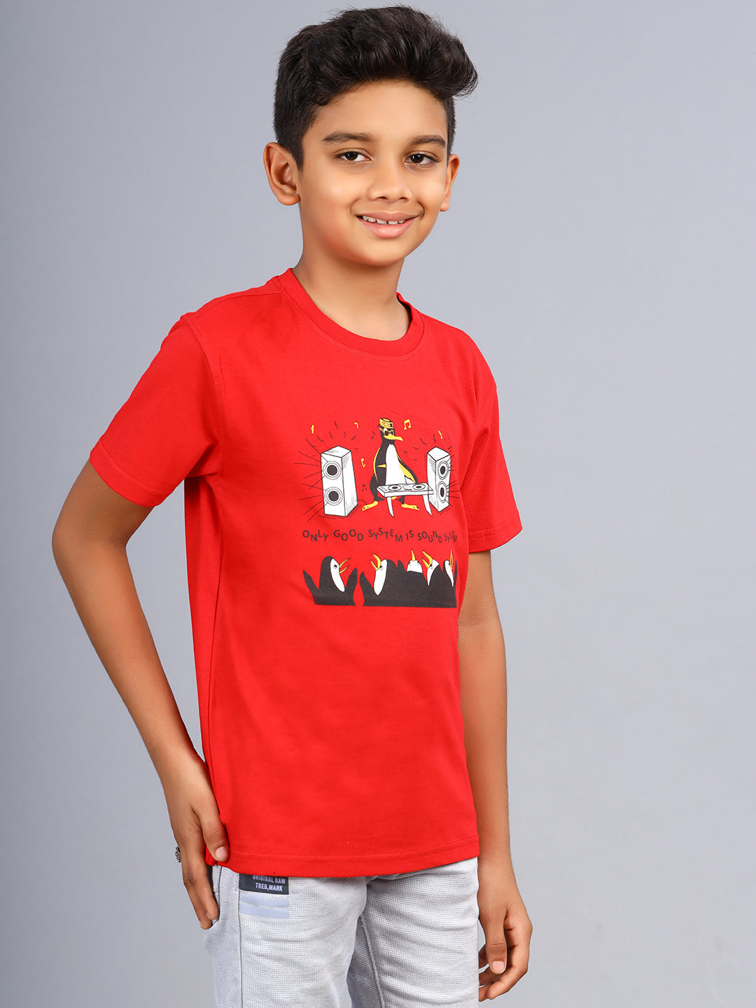 Zion Boys Crew Neck Tshirt in Penguin Music Print-Red