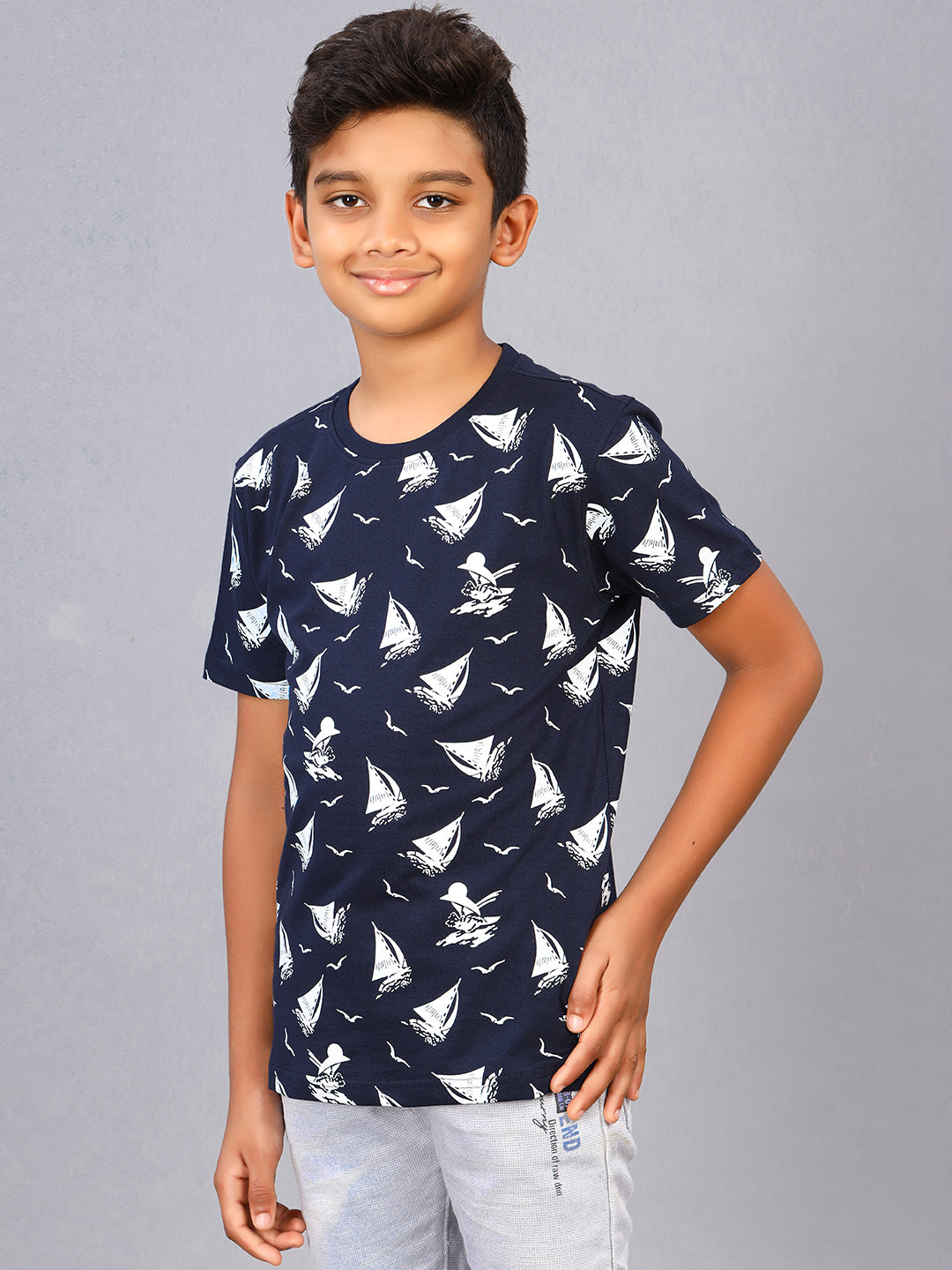 Zion Boys Crew Neck T shirt in Sailor Boat Print-Navy