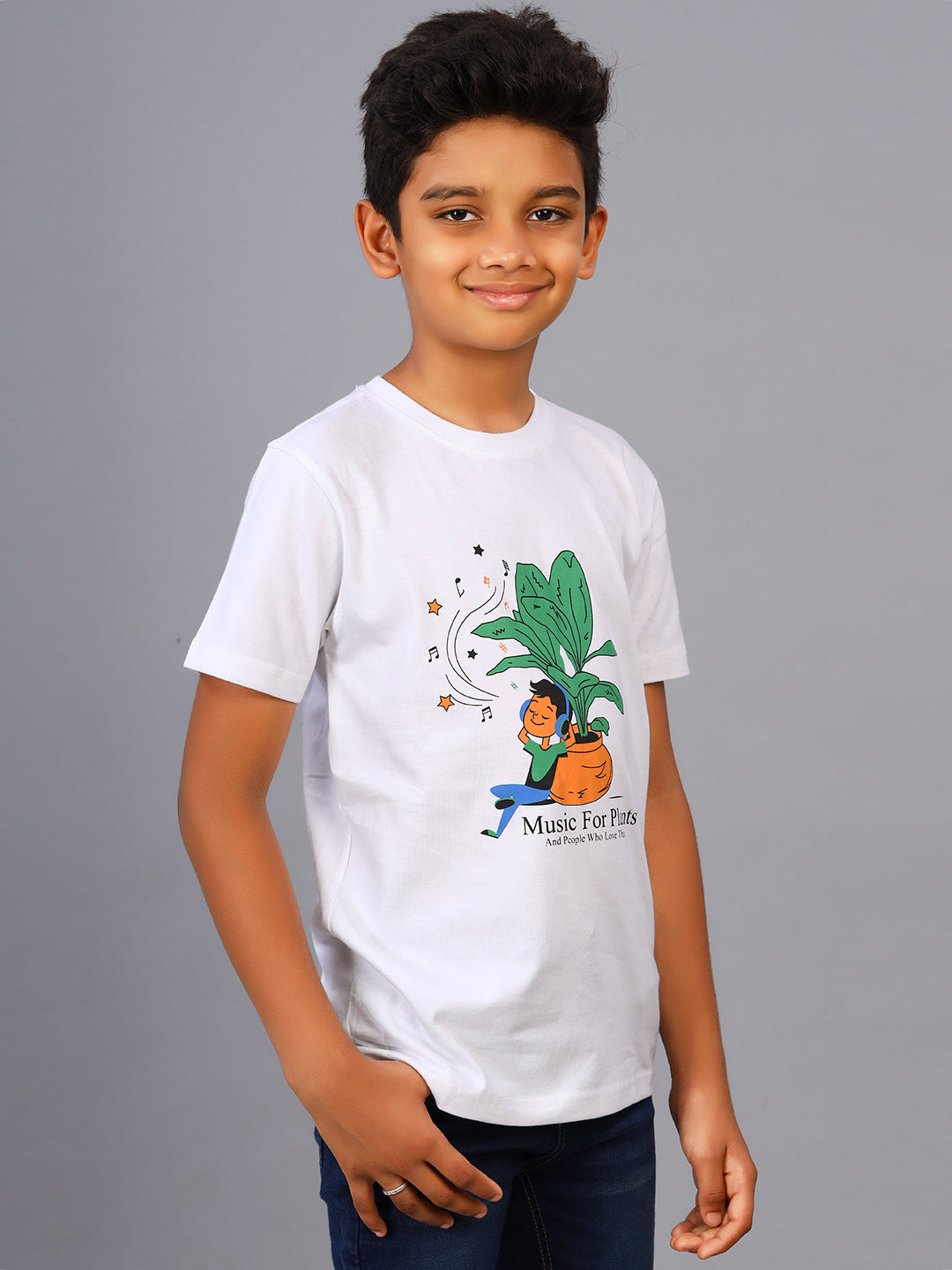 Zion Boys Crew Neck T shirt in Music System & Plant Print-White