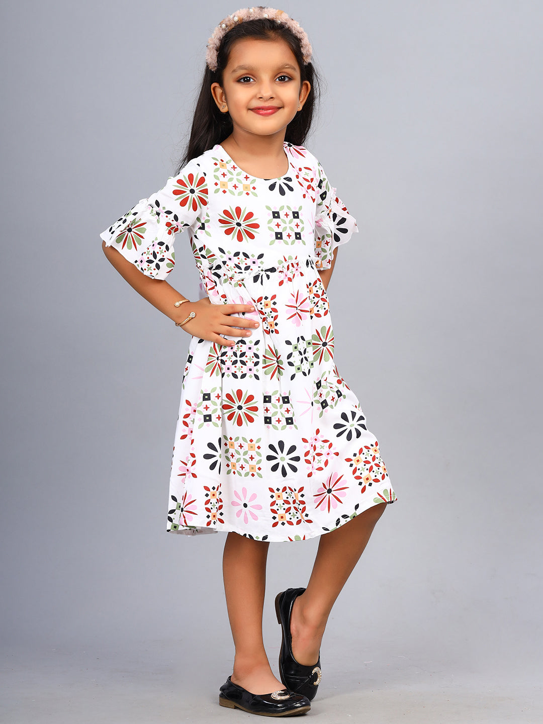 Zion Girls Printed Fit and Flare Dress with ruffle highlights & Bell Sleeves-White