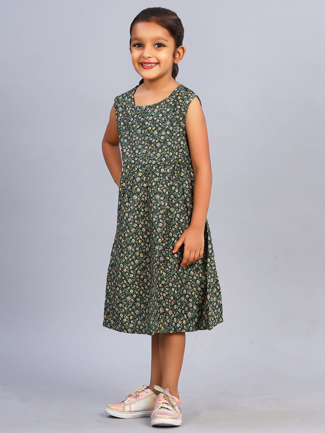 Zion Girls Floral Printed Fit and Flare Dress - Olive