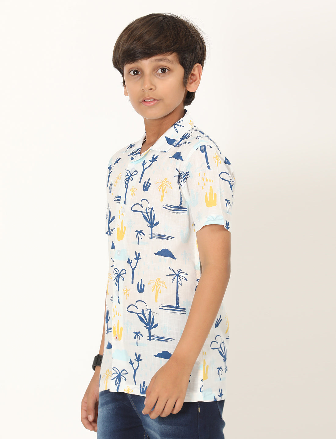 Zion Boys Cotton Half Sleeve Open Collar Shirt with Abstract Print - White