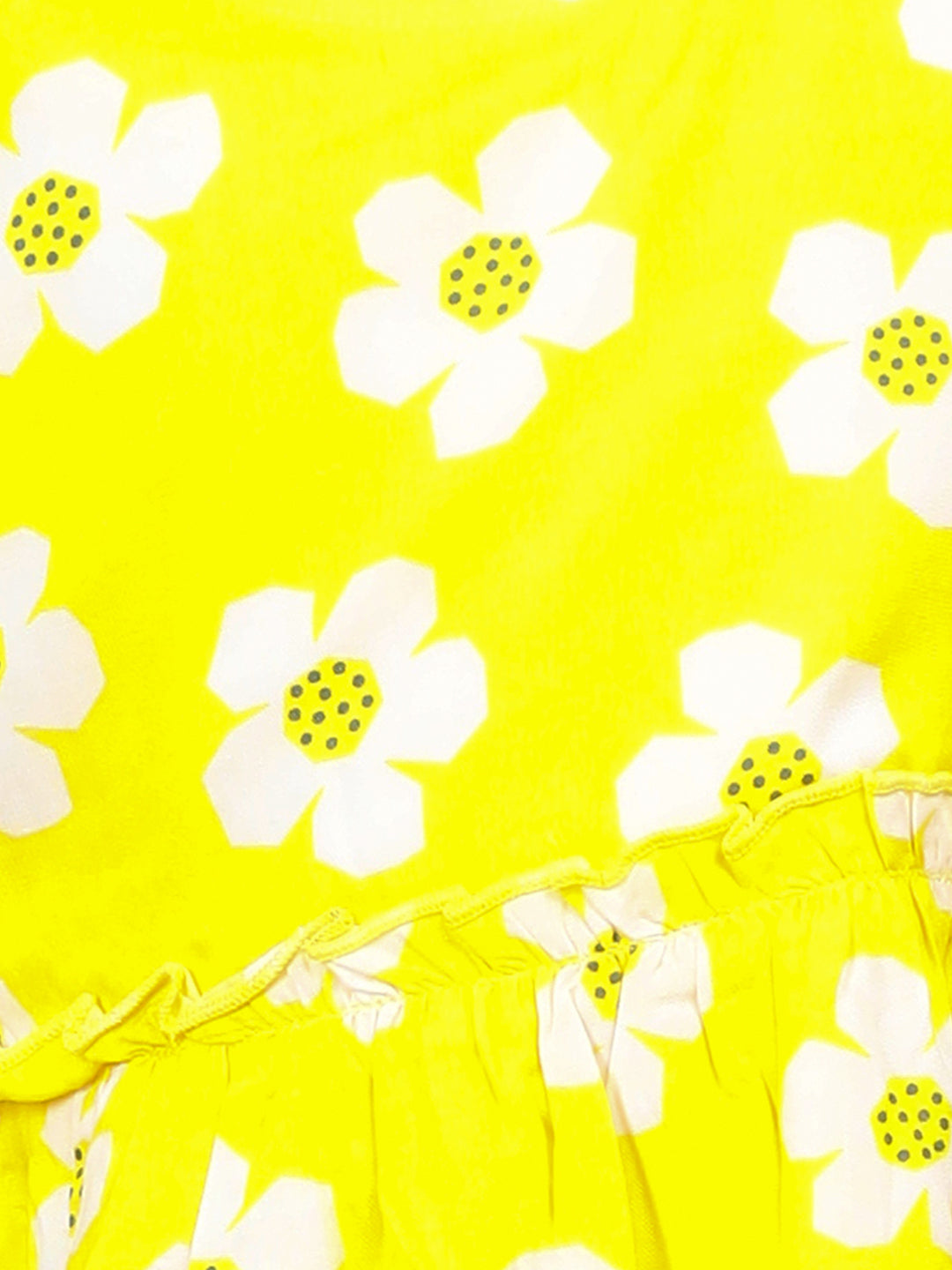 Zion Girls Printed Fit and Flare Dress with ruffle highlights & Bell Sleeves-Yellow