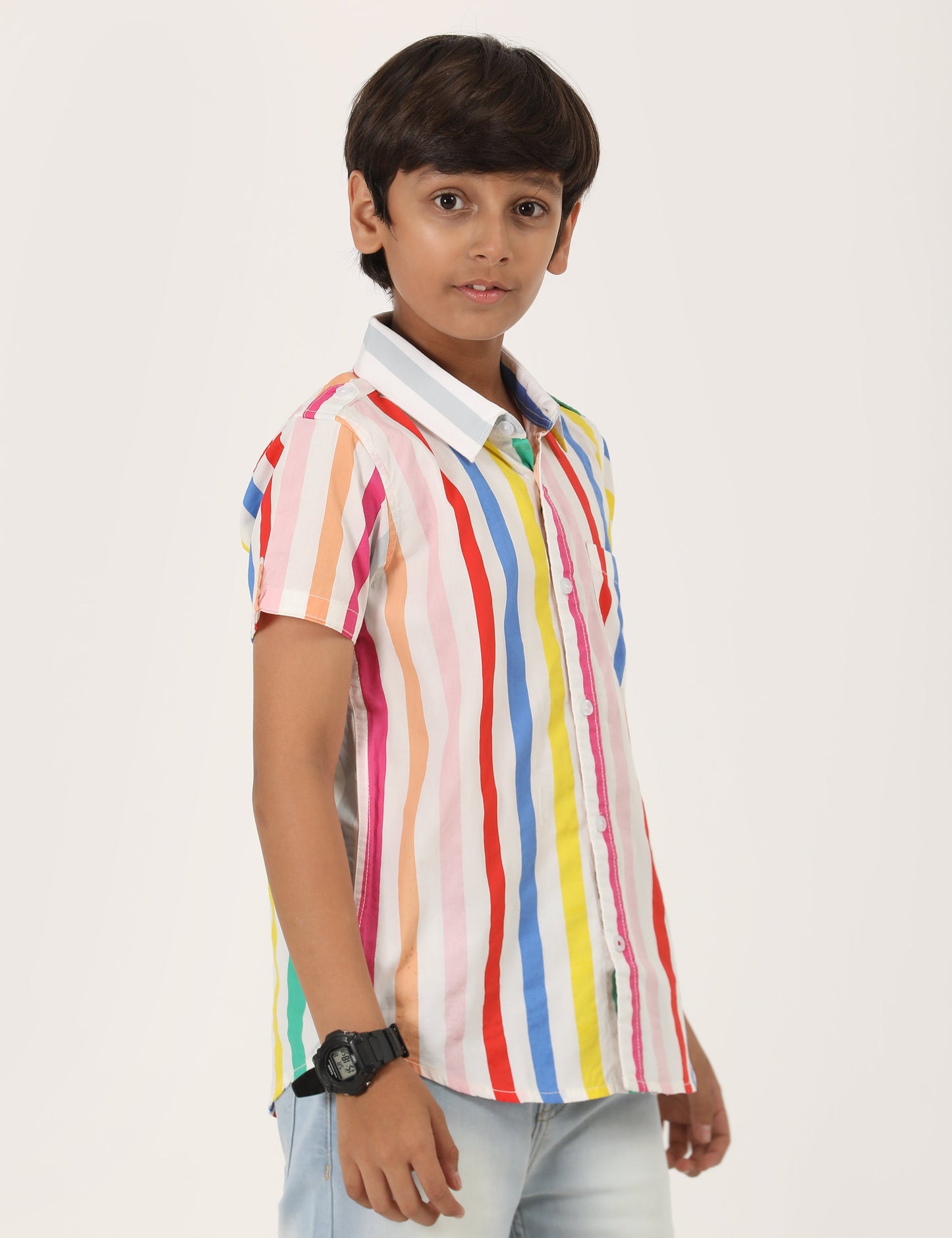 Zion Boys Cotton Half Sleeve Shirt with Printed Stripe - Multi