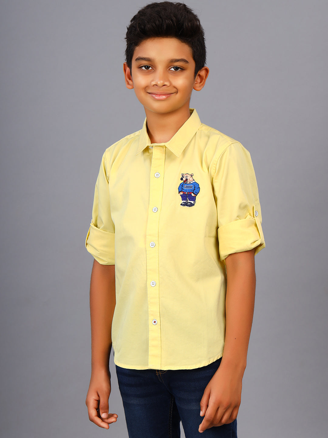 Zion Boys Shirt with Bear Embroidery & Epaulettes-Yellow