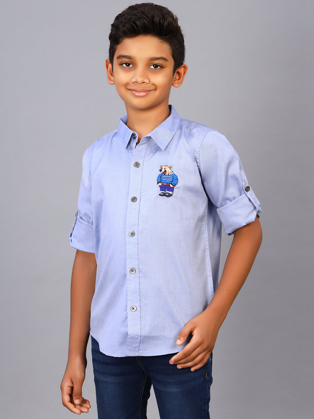 Zion Boys Shirt with Bear Embroidery & Epaulettes-Blue
