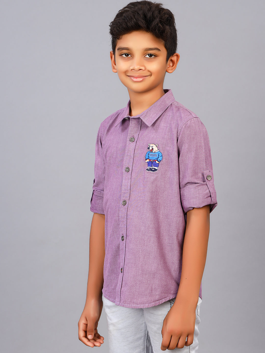 Zion Boys Shirt with Bear Embroidery & Epaulettes-Purple