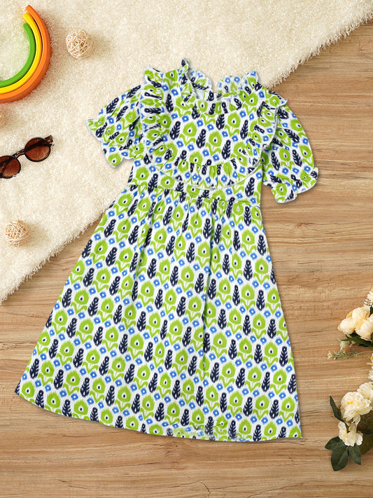 Zion Girls Printed Fit and Flare Dress with Ruffle Highlights & Puff Sleeves-Green