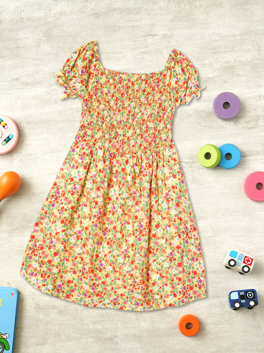 Zion Girls Printed Smocked Fit and Flare Dress-Yellow