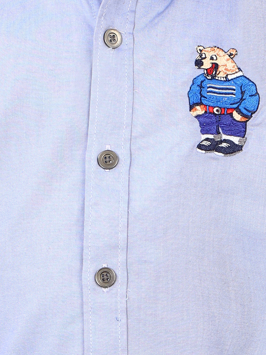 Zion Boys Shirt with Bear Embroidery & Epaulettes-Blue