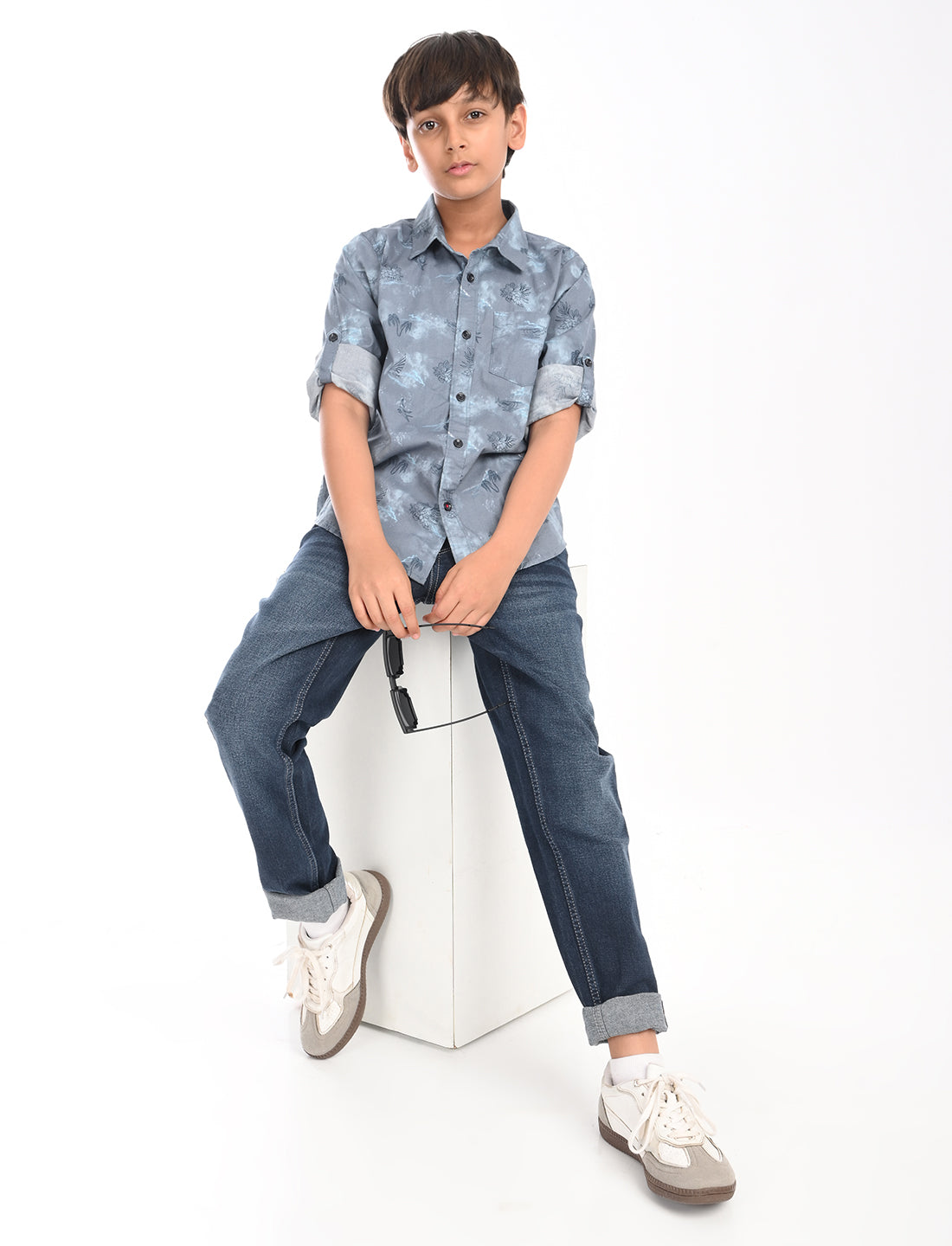 Zion Boys Cotton Full Sleeve Shirt with Abstract Floral  Print - Grey