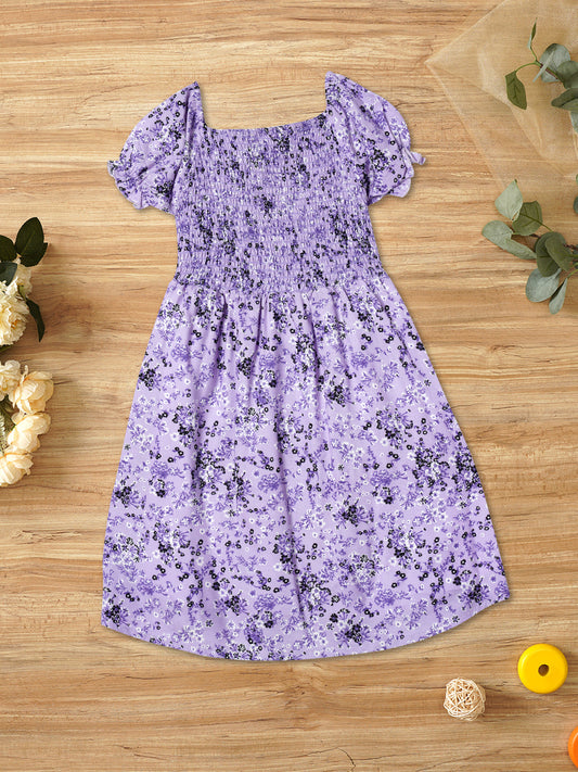 Zion Girls Printed Smocked Fit and Flare Dress-Purple