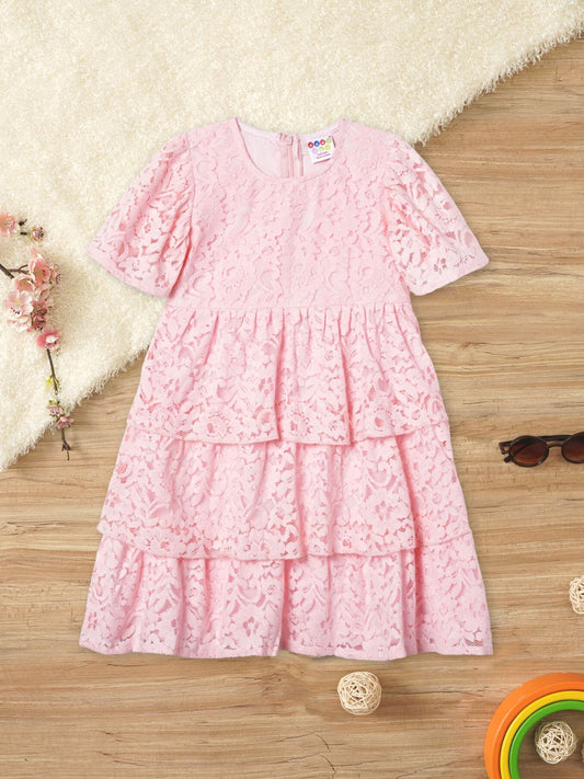 Round Neck
Shorts Sleeves
Tiered Dress - Pink