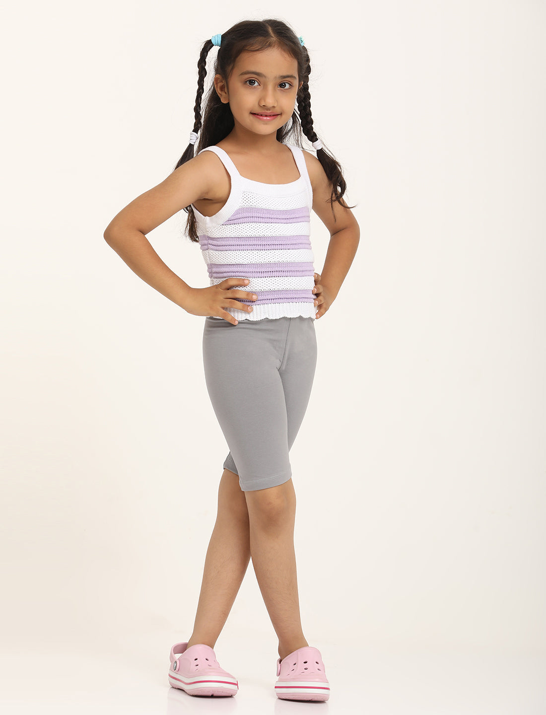 Zion Girls Tights - Thigh Length Knitted Shorts - 4 Way Stretchable - Pack of 3 (White, Black, Light Grey)