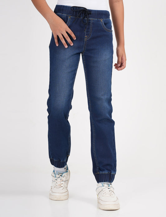 Zion Boys Super Soft Cotton Solid Denim Joggers-Navy Blue