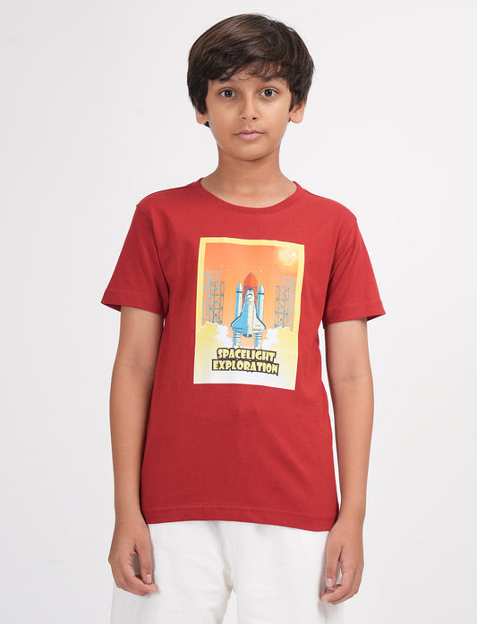 Zion Boys Half Sleeve Space Launch Graphic Printed T Shirt  - Burnt Orange