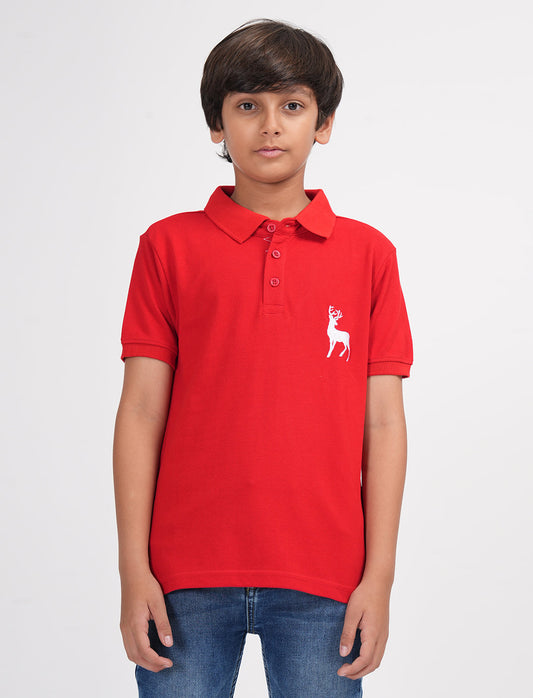 Zion Boys Pique Polo T-shirt with Deer Embroidery-Red