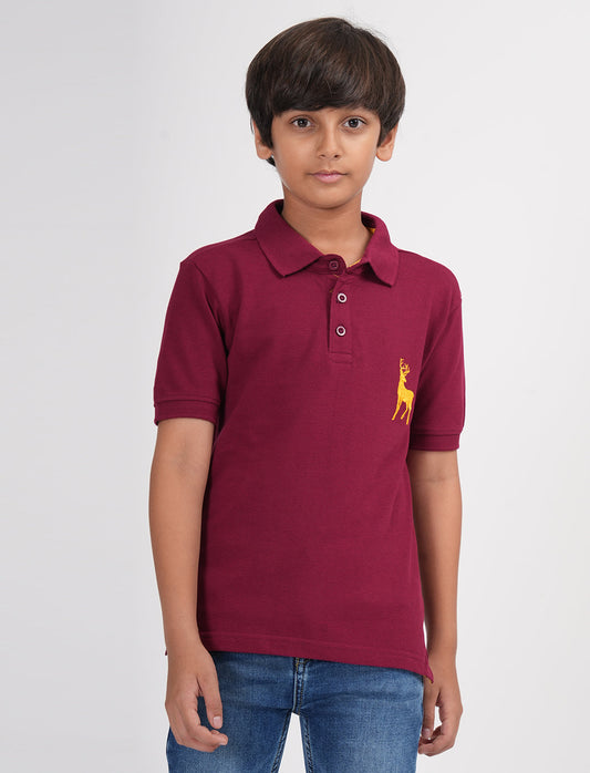 Zion Boys Pique Polo T-shirt with Deer Embroidery-Maroon