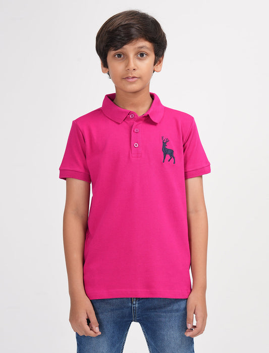 Zion Boys Pique Polo T-shirt with Deer Embroidery-Fuchsia