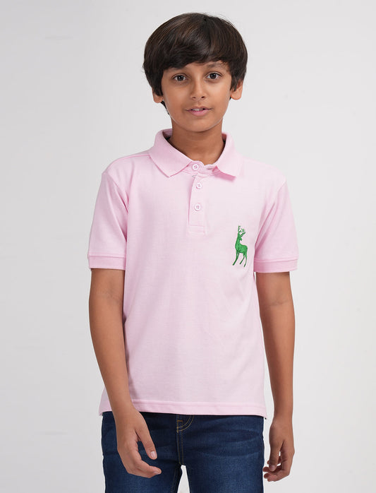 Zion Boys Pique Polo T-shirt with Deer Embroidery-Light Pink