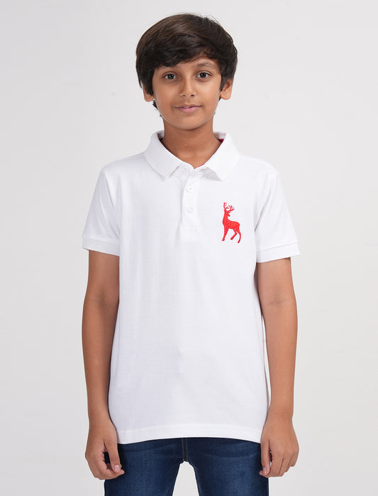 Zion Boys Pique Polo T-shirt with Deer Embroidery-White