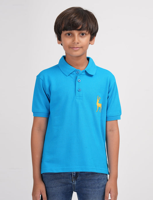 Zion Boys Pique Polo T-shirt with Deer Embroidery-Turquoise