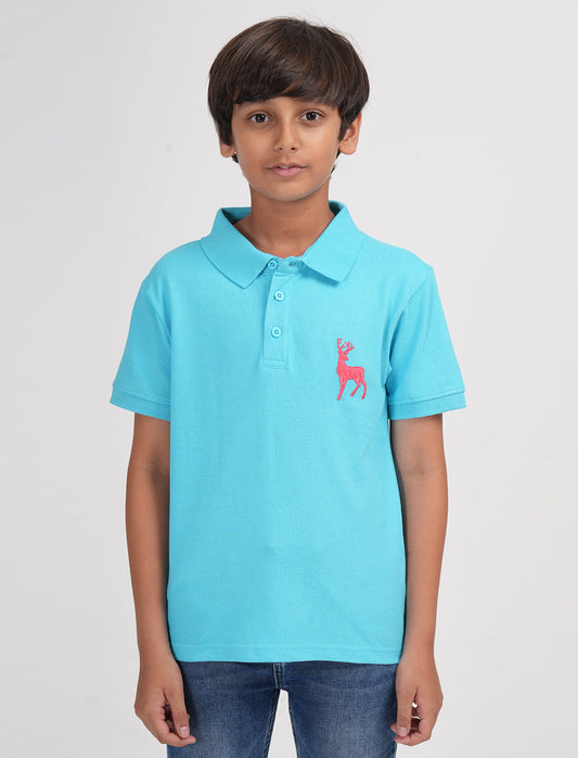 Zion Boys Pique Polo T-shirt with Deer Embroidery-Light Blue