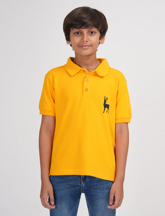 Zion Boys Pique Polo T-shirt with Deer Embroidery-Yellow