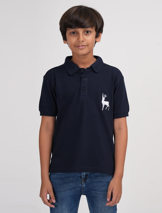 Zion Boys Pique Polo T-shirt with Deer Embroidery-Navy