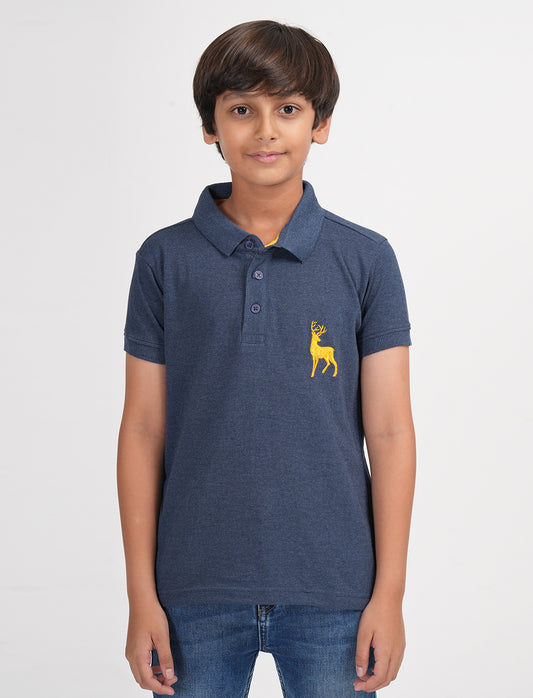 Zion Boys Pique Polo T-shirt with Deer Embroidery-Navy Melange