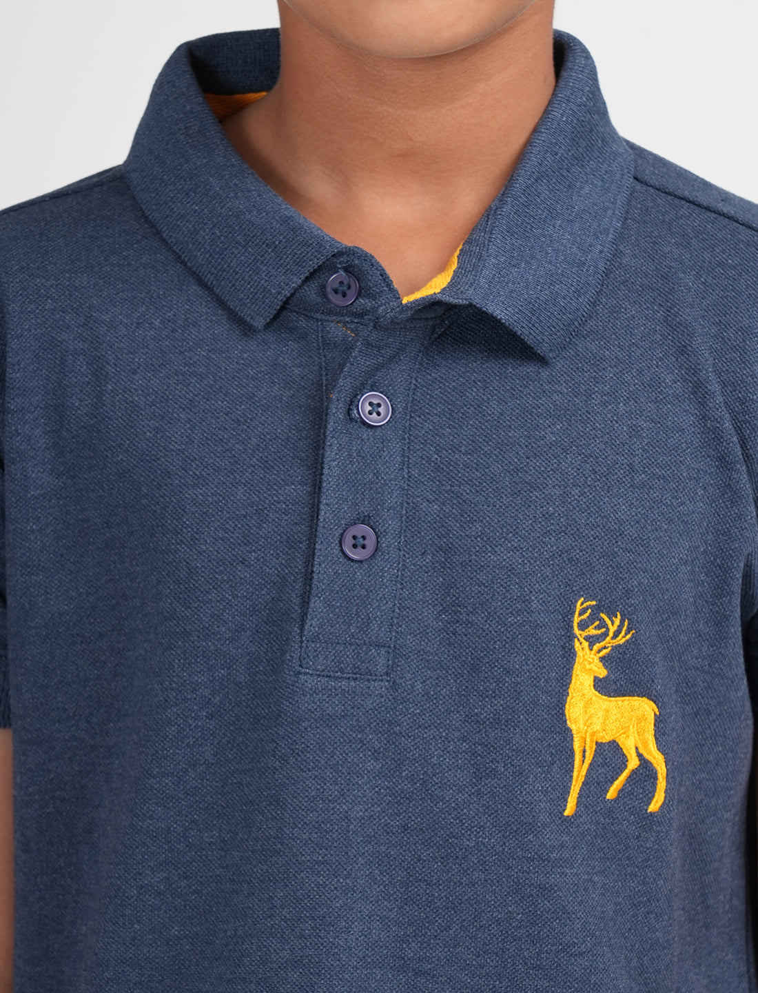 Zion Boys Pique Polo T-shirt with Deer Embroidery-Navy Melange