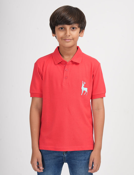Zion Boys Pique Polo T-shirt with Deer Embroidery-Coral