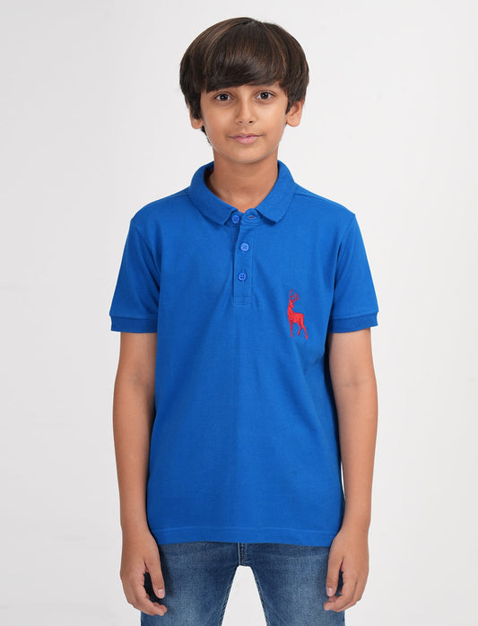 Zion Boys Pique Polo T-shirt with Deer Embroidery-Ink Blue