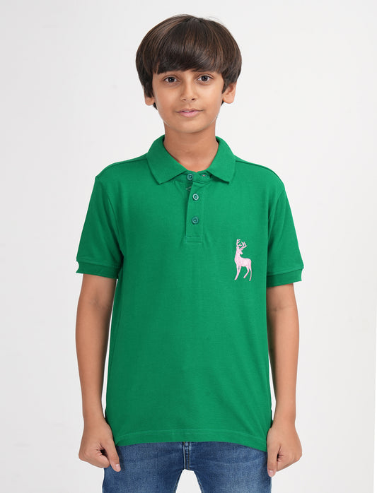 Zion Boys Pique Polo T-shirt with Deer Embroidery-Green