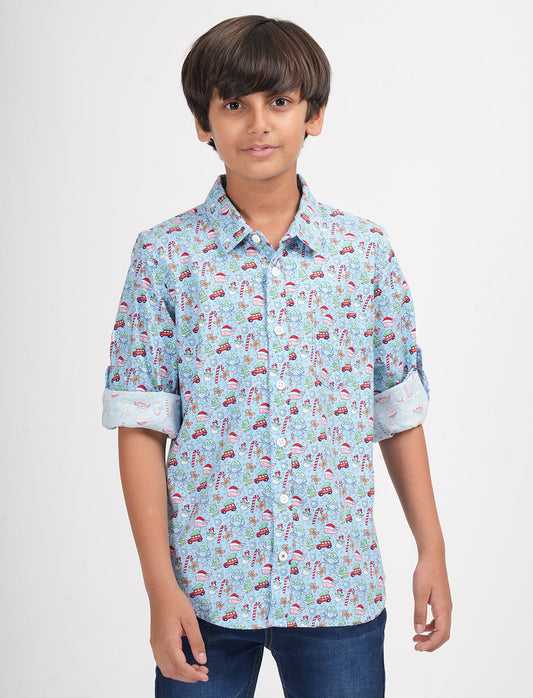Zion Boys X-mas print Shirt with Roll-Up Sleeves-Blue