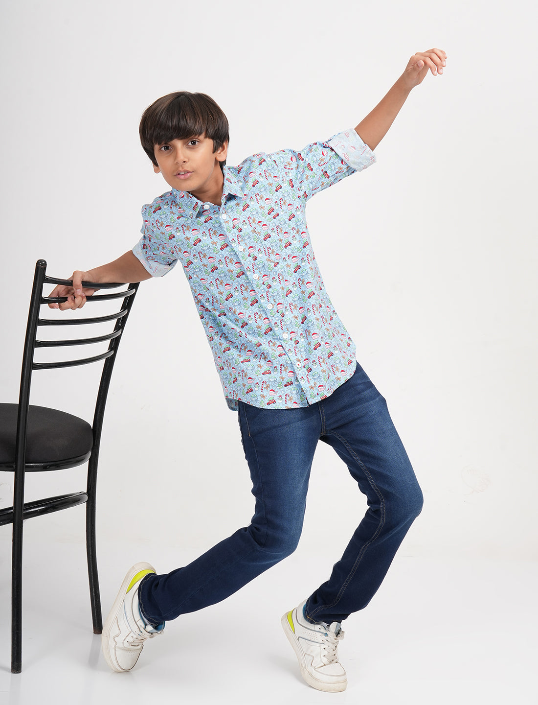 Zion Boys X-mas print Shirt with Roll-Up Sleeves-Blue
