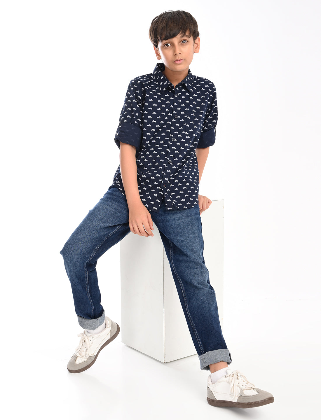 Zion Boys Cotton Half Sleeve Shirt with All Over Ditsy Print - Navy