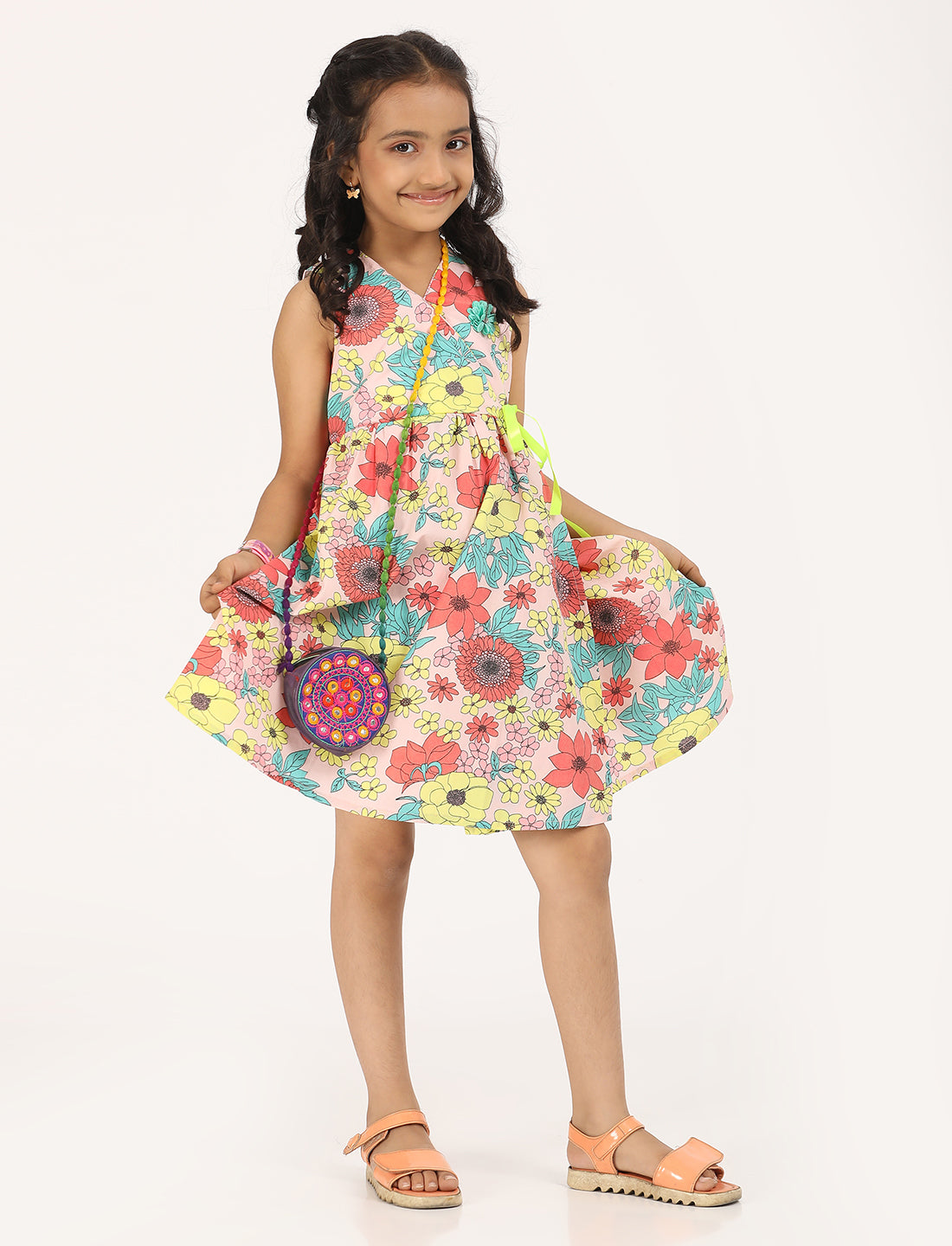 Zion CottonSleeveless Floral Printed Poplin Overlap Dress with Flowers at Chest - Multi
