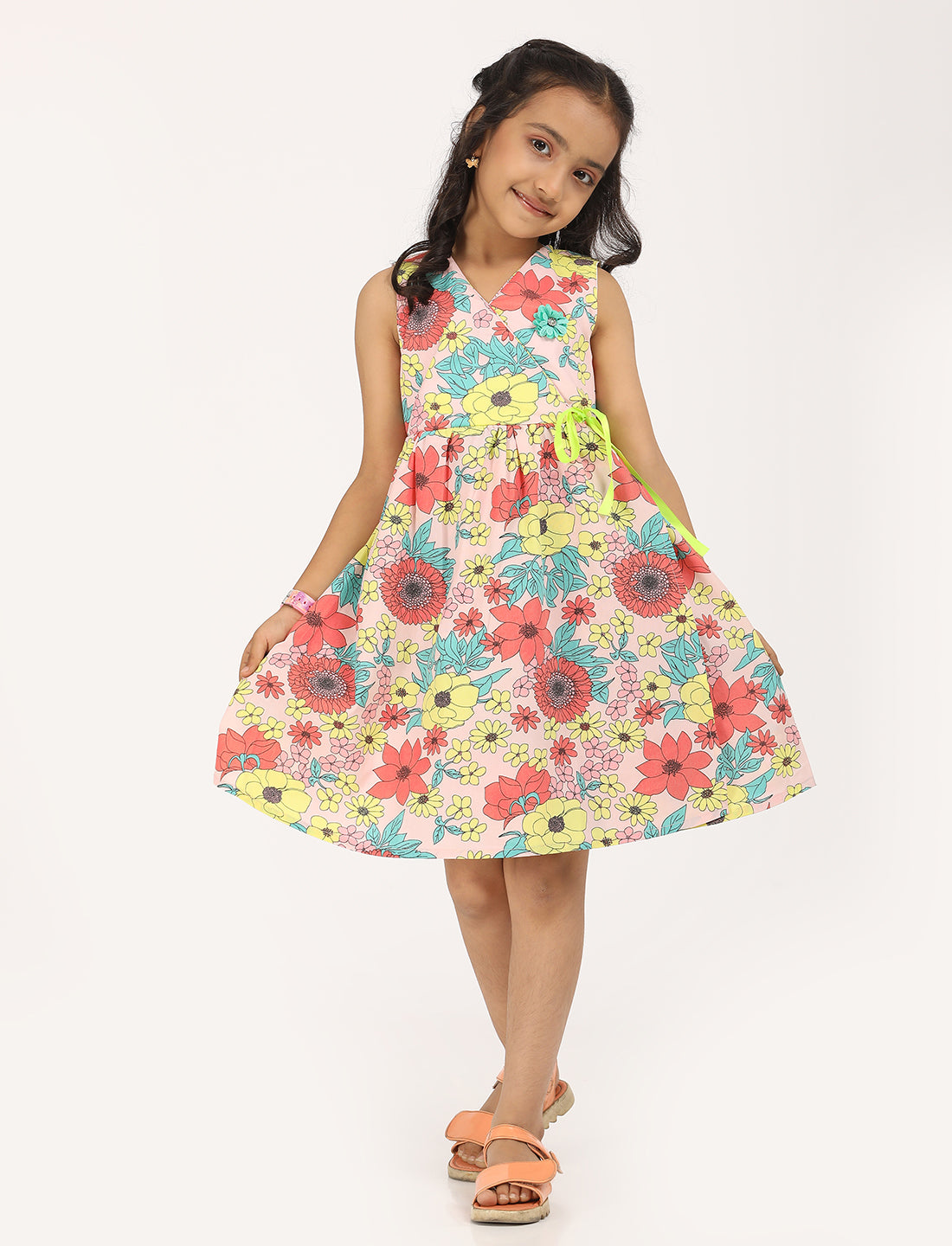 Zion CottonSleeveless Floral Printed Poplin Overlap Dress with Flowers at Chest - Multi