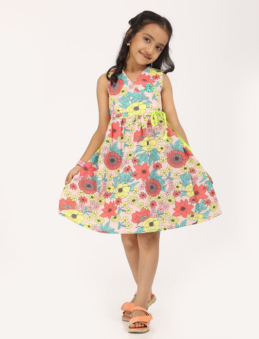 Zion CottonSleeveless Floral Printed Poplin Overlap Dress with Flowers at Chest - Multi
