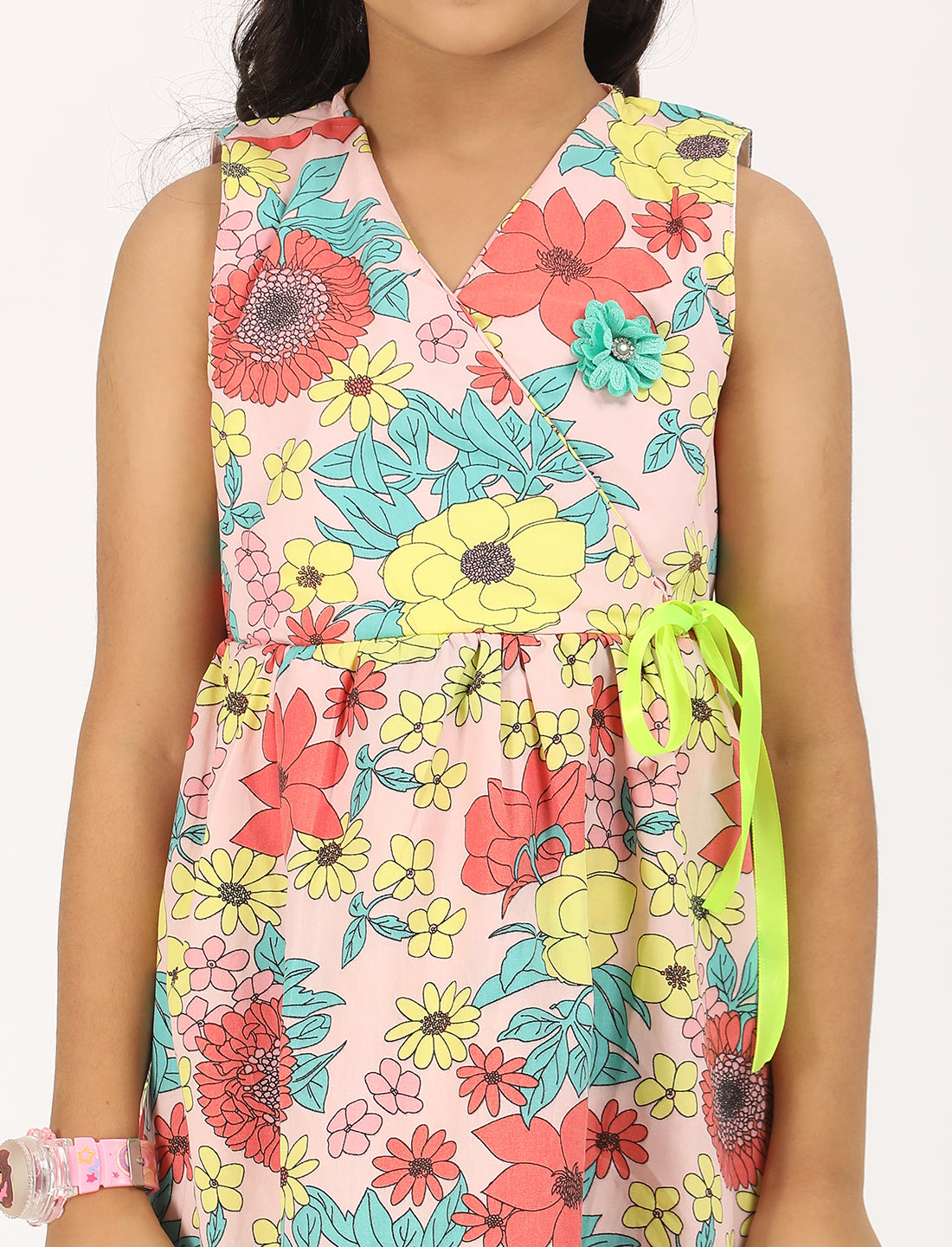 Zion CottonSleeveless Floral Printed Poplin Overlap Dress with Flowers at Chest - Multi