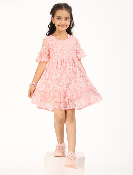Zion Floral Lace Bell sleeves Fit and Flaer Dress - Light Pink