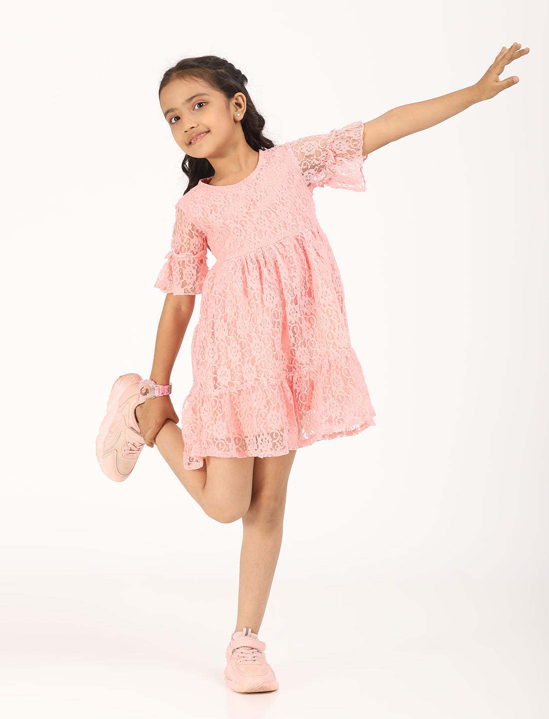 Zion Floral Lace Bell sleeves Fit and Flaer Dress - Light Pink
