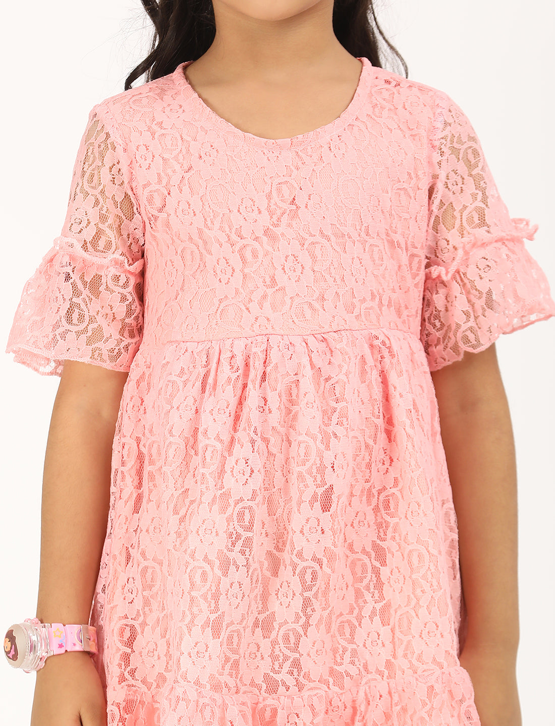 Zion Floral Lace Bell sleeves Fit and Flaer Dress - Light Pink