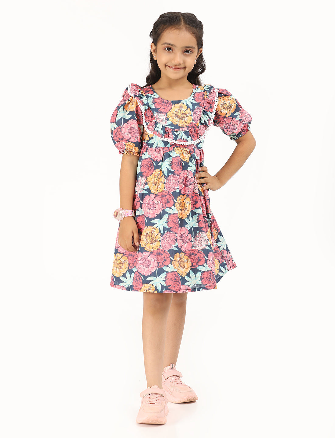Zion Cotton Puff Sleeves Floral printed Halfmoon Yoke Dress - Navy